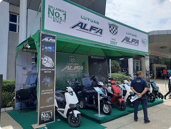 An ALFA electric bikes showroom stand branded Sri Lanka's No.1 Electric Bike