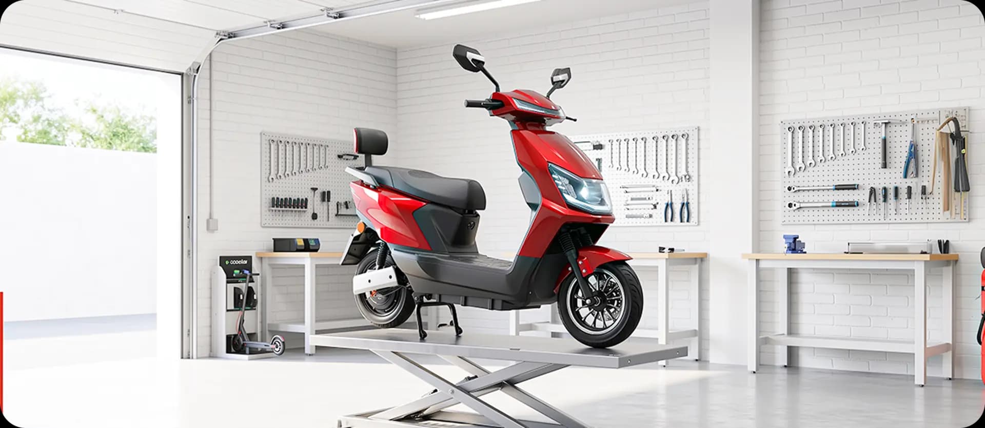 Red ALFA electric scooter raised on a service lift in a workshop